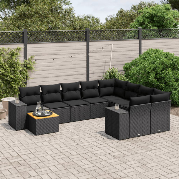 10 pcs conjunto sofás de jardim c/ almofadões vime PE preto D