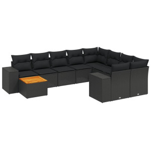 10 pcs conjunto sofás de jardim c/ almofadões vime PE preto H