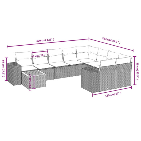 10 pcs conjunto sofás de jardim c/ almofadões vime PE preto M 3