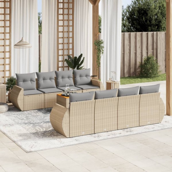 Set de sofás de jardín 9 pzas con cojines ratán sintético beige D