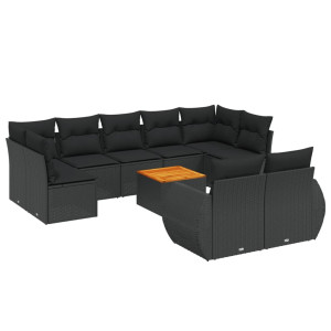 10 pcs conjunto sofás de jardim c/ almofadões vime PE preto H