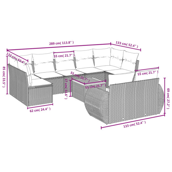10 pcs conjunto sofás de jardim c/ almofadões vime PE cinzento M 3