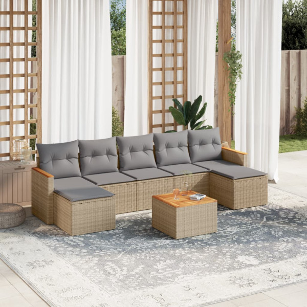 8 pcs conj. sofás jardim c/ almofadões vime PE bege misturado D