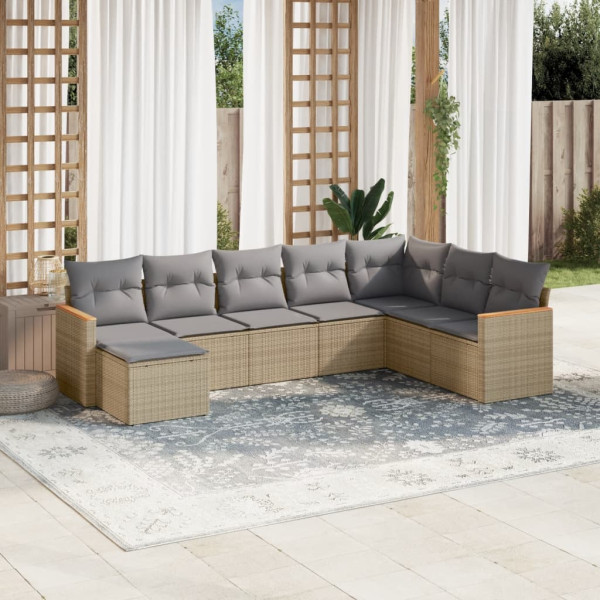 8 pcs conj. sofás jardim c/ almofadões vime PE bege misturado D