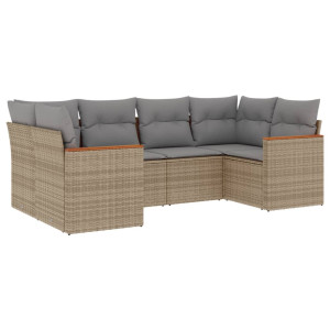 6 pcs conj. sofás jardim c/ almofadões vime PE bege misturado H