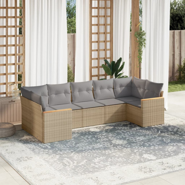 7 pcs conj. sofás jardim c/ almofadões vime PE bege misturado D