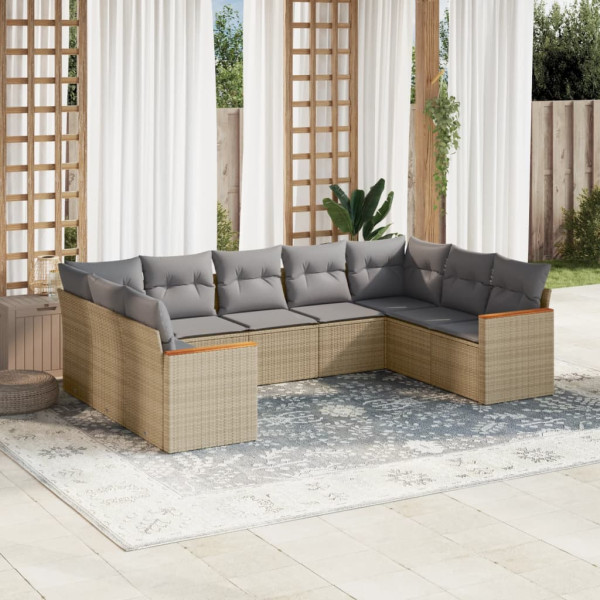 9 pcs conj. sofás jardim c/ almofadões vime PE bege misturado D