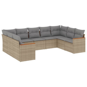 9 pcs conj. sofás jardim c/ almofadões vime PE bege misturado H