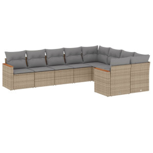 9 pcs conj. sofás jardim c/ almofadões vime PE bege misturado H