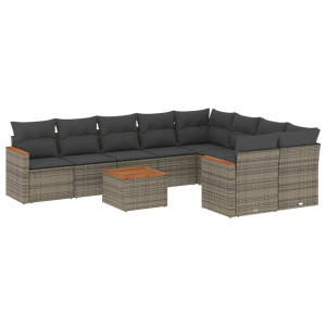 10 pcs conjunto sofás de jardim c/ almofadões vime PE cinzento H