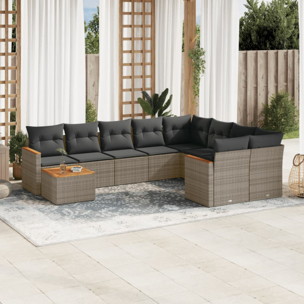 10 pcs conjunto sofás de jardim c/ almofadões vime PE cinzento D