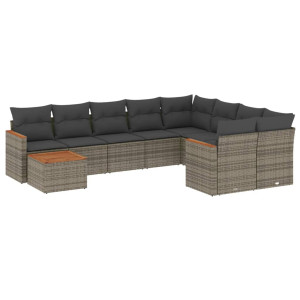 10 pcs conjunto sofás de jardim c/ almofadões vime PE cinzento H