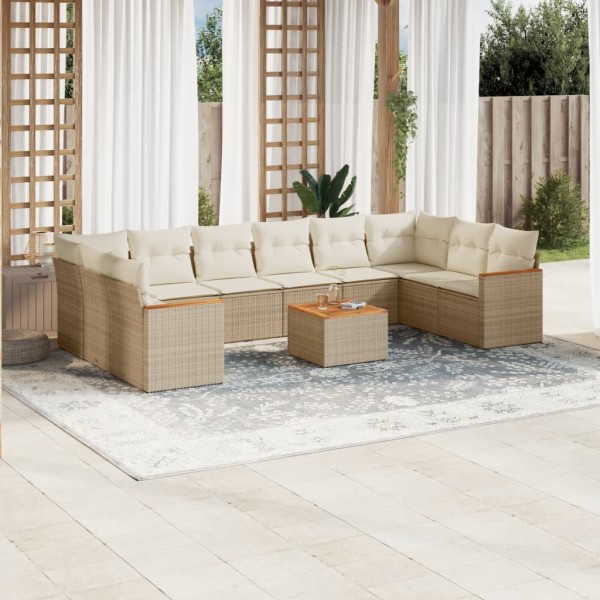 Set de sofás de jardín 11pzas con cojines ratán sintético beige D