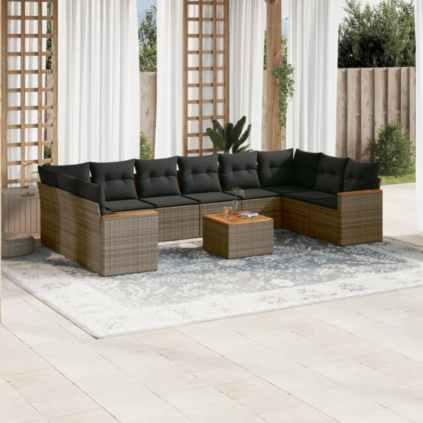 11 pcs conjunto sofás de jardim c/ almofadões vime PE cinzento D