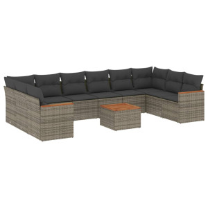 11 pcs conjunto sofás de jardim c/ almofadões vime PE cinzento H