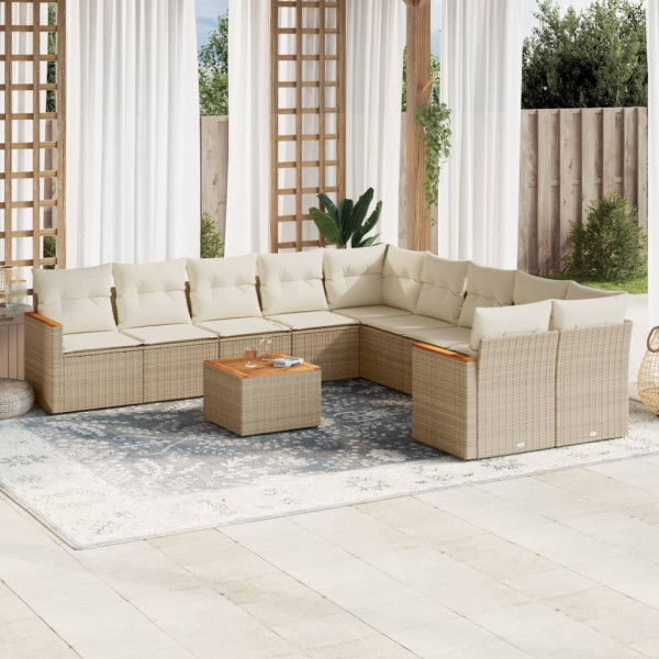 11 pcs conjunto sofás de jardim c/ almofadões vime PE bege D