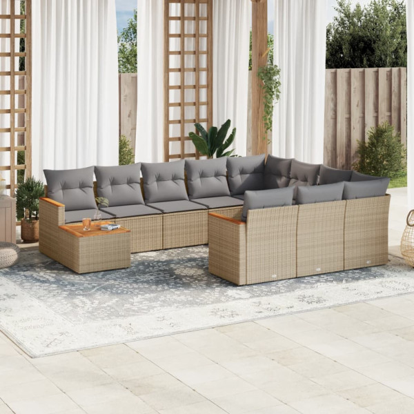 11 pcs conj. sofás jardim c/ almofadões vime PE bege misturado D