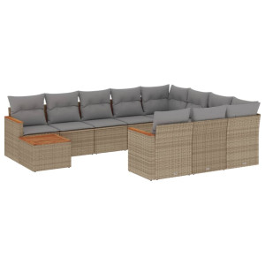 11 pcs conj. sofás jardim c/ almofadões vime PE bege misturado H