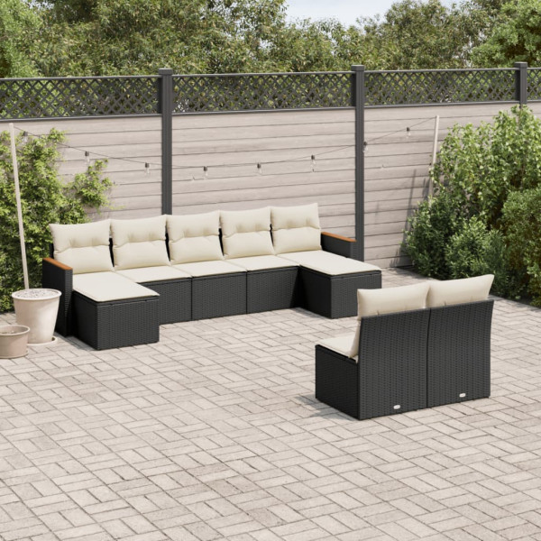 9 pcs conjunto de sofás p/ jardim c/ almofadões vime PE preto D