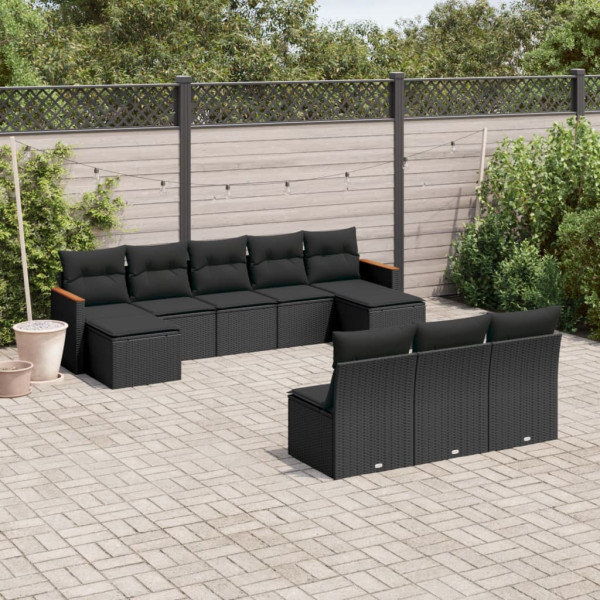 10 pcs conjunto sofás de jardim c/ almofadões vime PE preto D