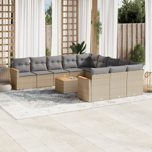 12 pcs conj. sofás jardim c/ almofadões vime PE bege misturado D