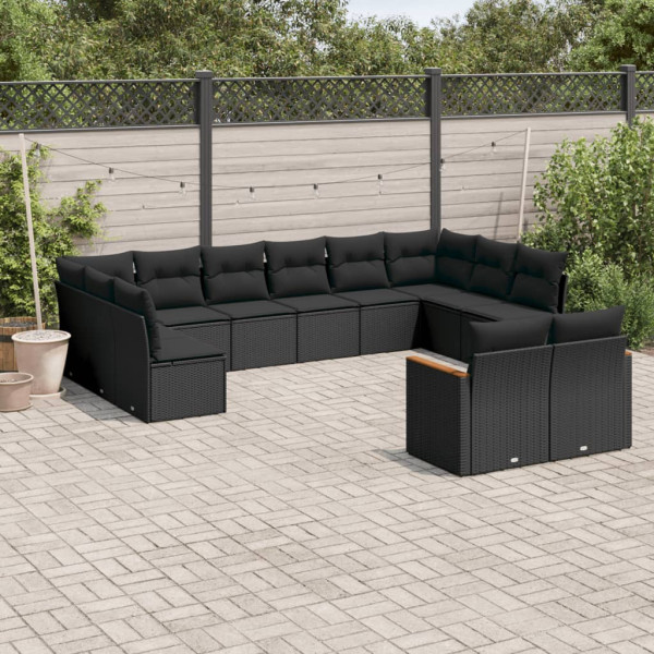 12 pcs conjunto de sofás de jardim c/ almofadões vime PE preto D