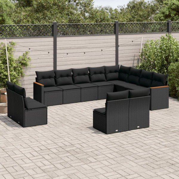 12 pcs conjunto de sofás de jardim c/ almofadões vime PE preto D