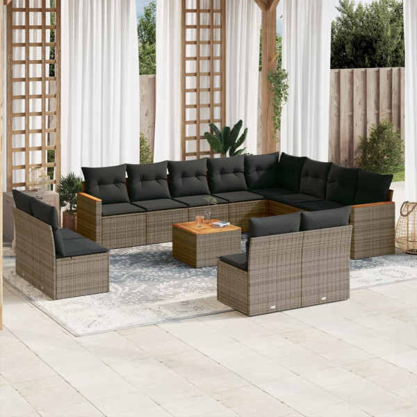 13 pcs conjunto sofás p/ jardim c/ almofadões vime PE cinzento D