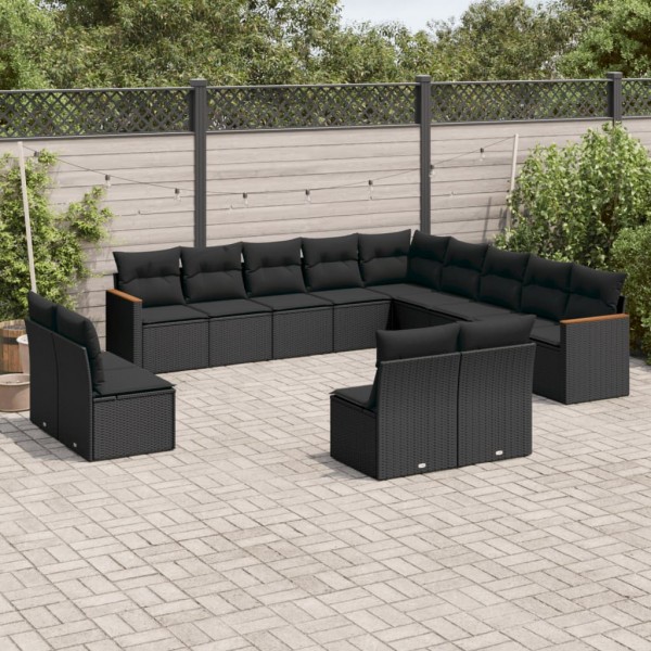 Set de sofás de jardín y cojines 13 pzas ratán sintético negro D