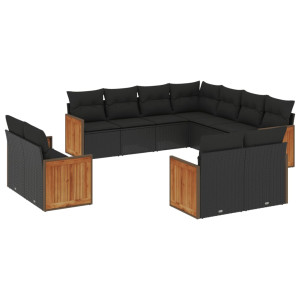 11 pcs conjunto sofás de jardim c/ almofadões vime PE preto H