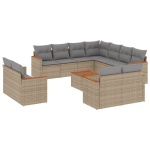 12 pcs conj. sofás jardim c/ almofadões vime PE bege misturado H