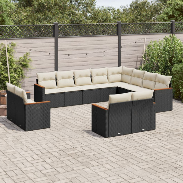 12 pcs conjunto de sofás de jardim c/ almofadões vime PE preto D