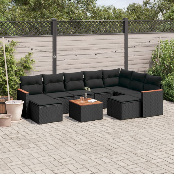10 pcs conjunto sofás de jardim c/ almofadões vime PE preto D