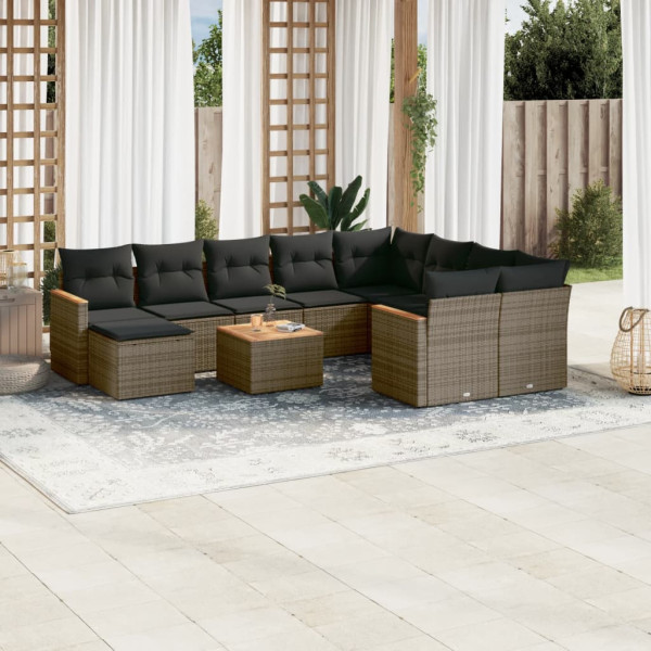 11 pcs conjunto sofás de jardim c/ almofadões vime PE cinzento D