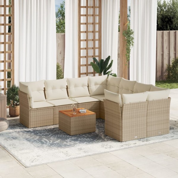 Set de sofás de jardín 9 pzas con cojines ratán sintético beige D