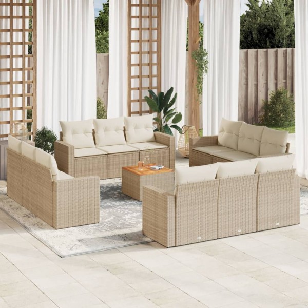 13 pcs conjunto de sofás p/ jardim com almofadões vime PE bege D