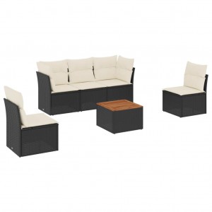 6 pcs conjunto sofás de jardim c/ almofadões vime PE preto H