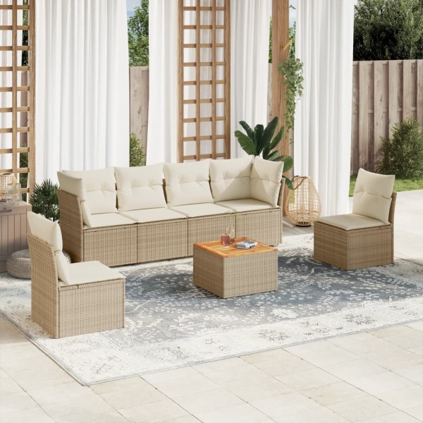 Set sofás de jardín 7 piezas y cojines ratán sintético beige D