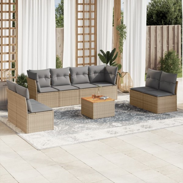 Juego de sofás jardín con cojines beige mezcla 9 pzas ratán PE D