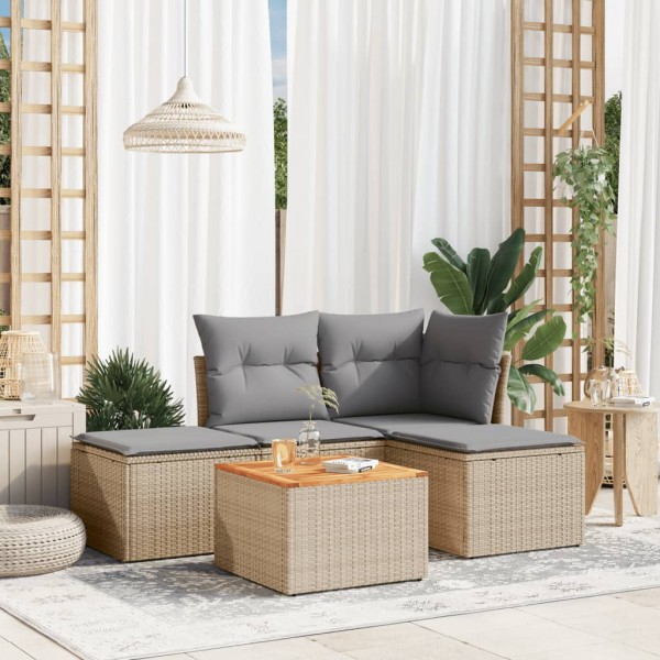 5 pcs conj. sofás jardim c/ almofadões vime PE bege misturado D
