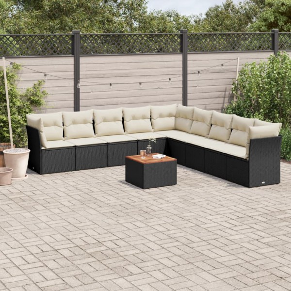 10 pcs conjunto sofás de jardim c/ almofadões vime PE preto D