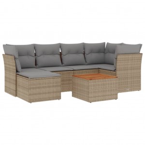 7 pcs conj. sofás jardim c/ almofadões vime PE bege misturado H