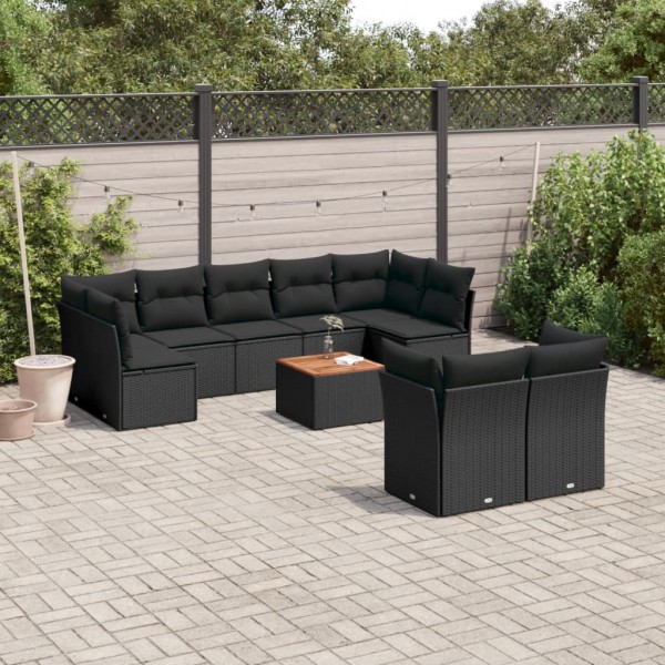 10 pcs conjunto sofás de jardim c/ almofadões vime PE preto D