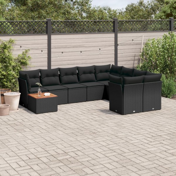 10 pcs conjunto sofás de jardim c/ almofadões vime PE preto D