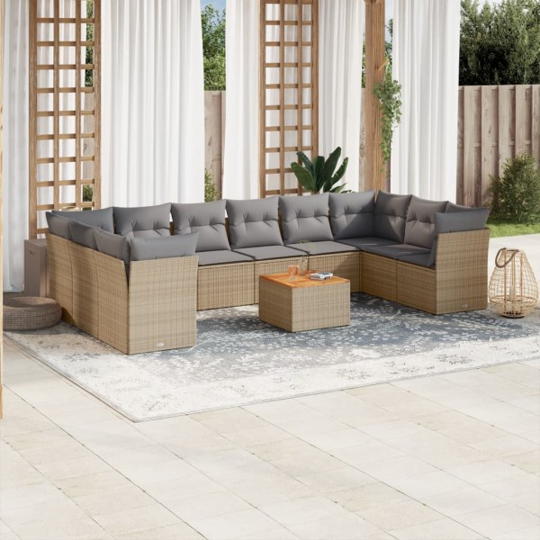 Juego de sofás jardín con cojines beige mezcla 11 pzas ratán PE D