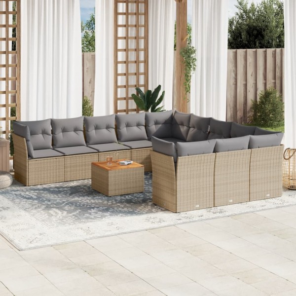 12 pcs conj. sofás jardim c/ almofadões vime PE bege misturado D