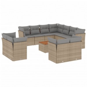 12 pcs conj. sofás jardim c/ almofadões vime PE bege misturado H