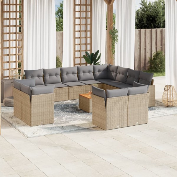 13 pcs conj. sofás jardim c/ almofadões vime PE bege misturado D