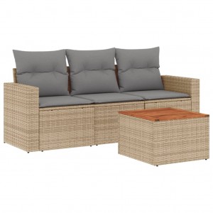 4 pcs conj. sofás jardim c/ almofadões vime PE bege misturado H