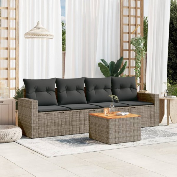 5 pcs conjunto sofás de jardim c/ almofadões vime PE cinzento D